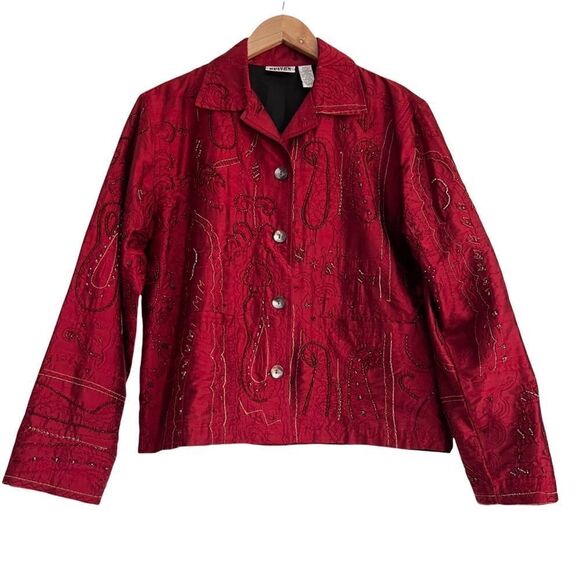 Vintage Chico’s Boho Red Silk Beaded + Embroidered Jacket Size 0 (= Small/4) - Picture 1 of 7